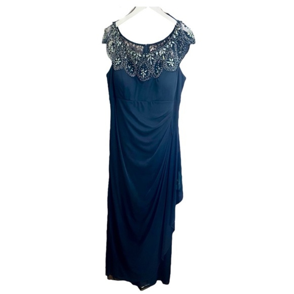 XSCAPE Size 18W Dark Blue Illusion Beaded Neckline Ruched Evening Dress